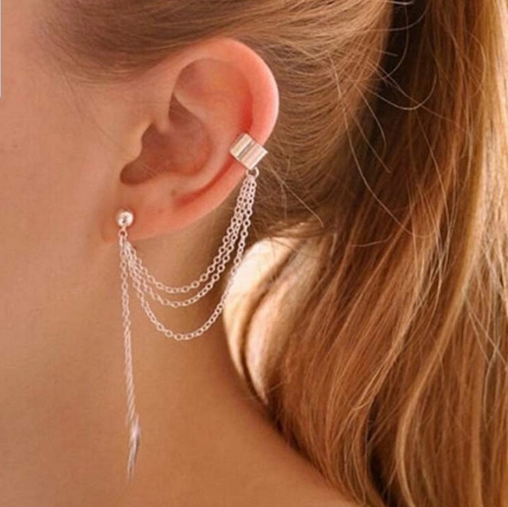 Silver Earring with Feather on Chain & Cuff